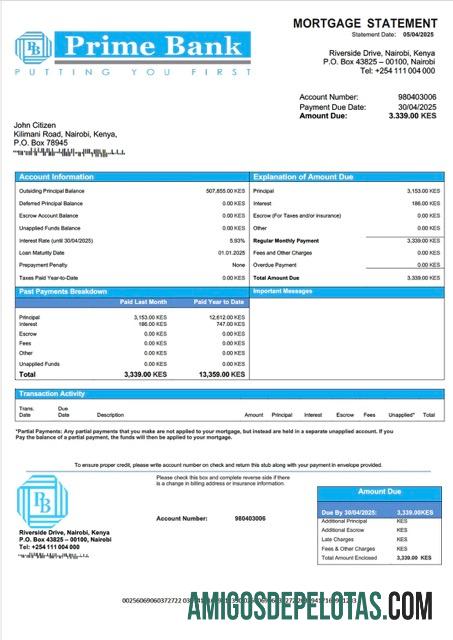 imprimível Modelo Word e PDF de extrato de hipoteca do Kenya Prime Bank